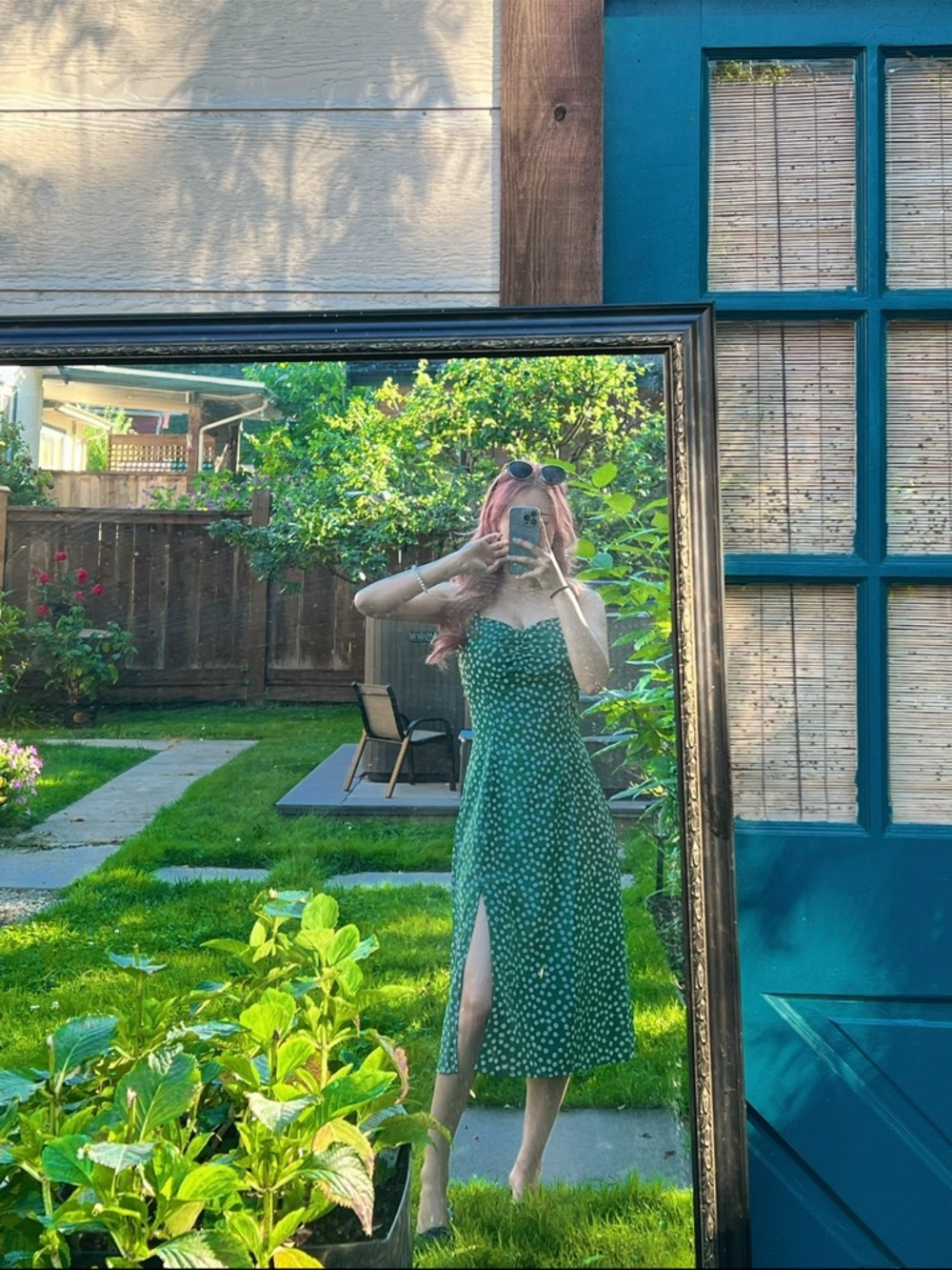 Green Polka Dot Midi Dress with Side Slit - Picture 1 of 1